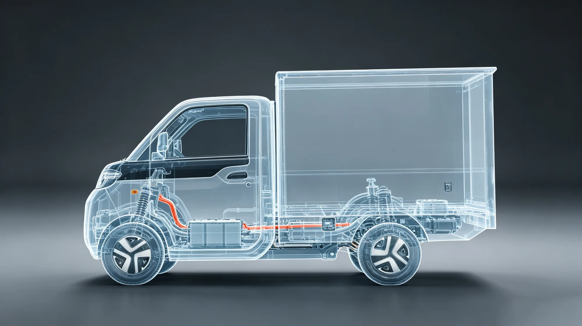 Röntgenansicht des eVOXX Cargo mit Batterie, Motor und Rahmen